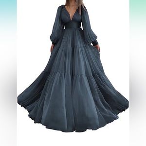 Long Puffy Sleeve Prom Dress Tulle Ball Gown for Women